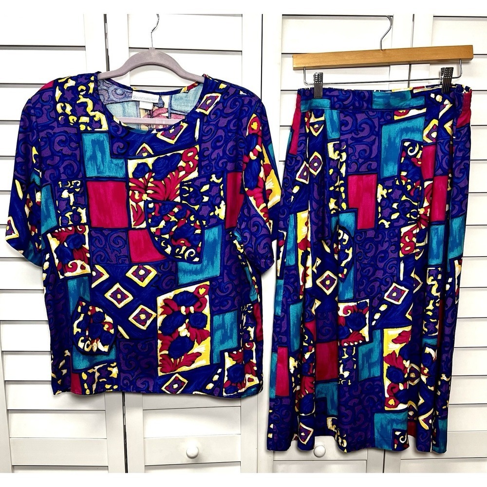 Sweetbriar Vintage Colorful Geometric Print Skirt Set Women's Size Large